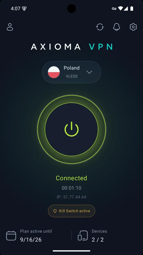 Состояние «подключено» в приложении Axioma VPN