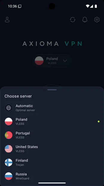 Список серверов в приложении Axioma VPN